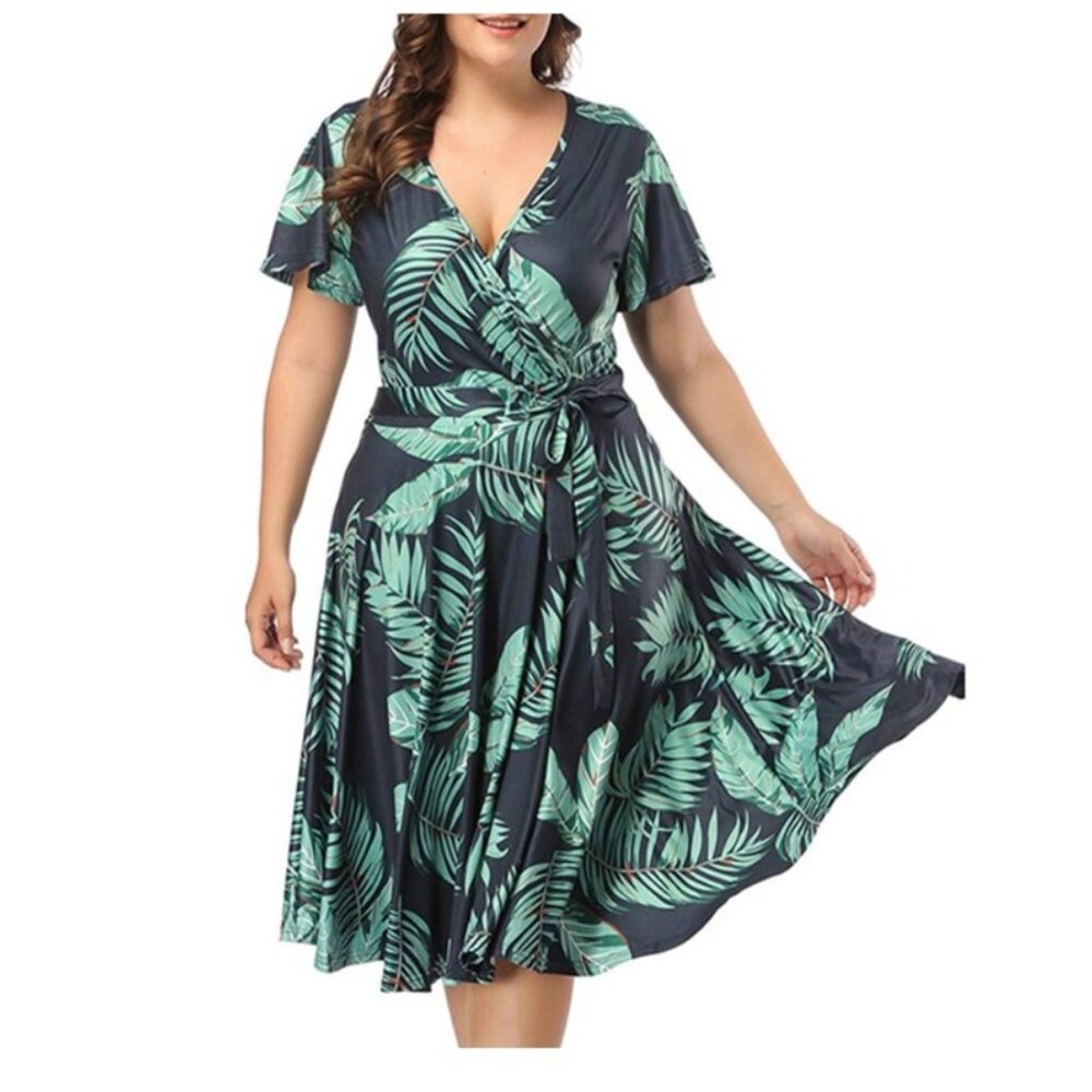 Plus Size Green Tropical Leaf Print Faux Wrap Self Tie Midi Dress 4XL (26-28)